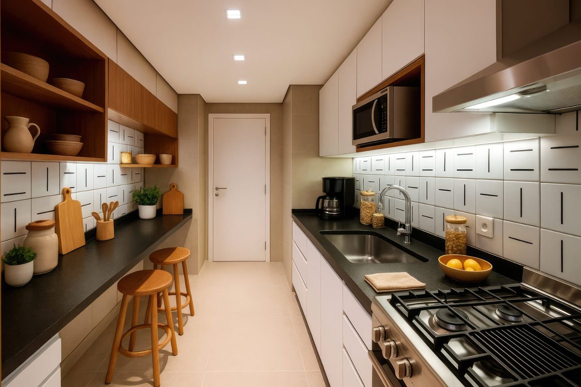 Cozinha corredor com bancada de refeições, banquetas de madeira, nichos abertos e azulejos brancos com traços pretos
