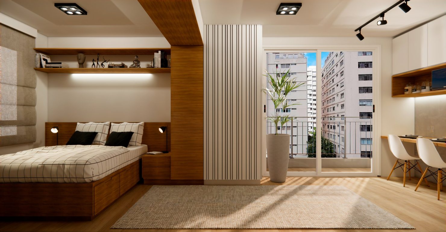 Apartamento integrado com cama em base de madeira, painel ripado branco e porta de correr para a varanda