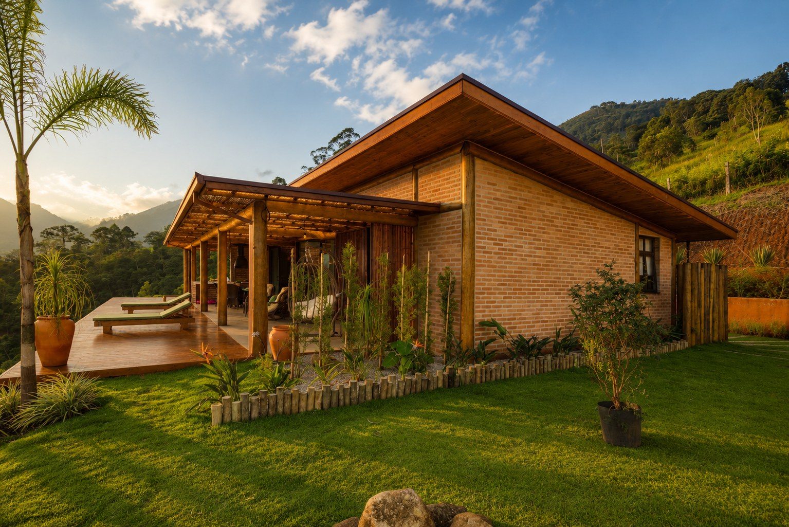 Casa em tijolo aparente com pergolado de madeira e deck voltado à serra, ao entardecer