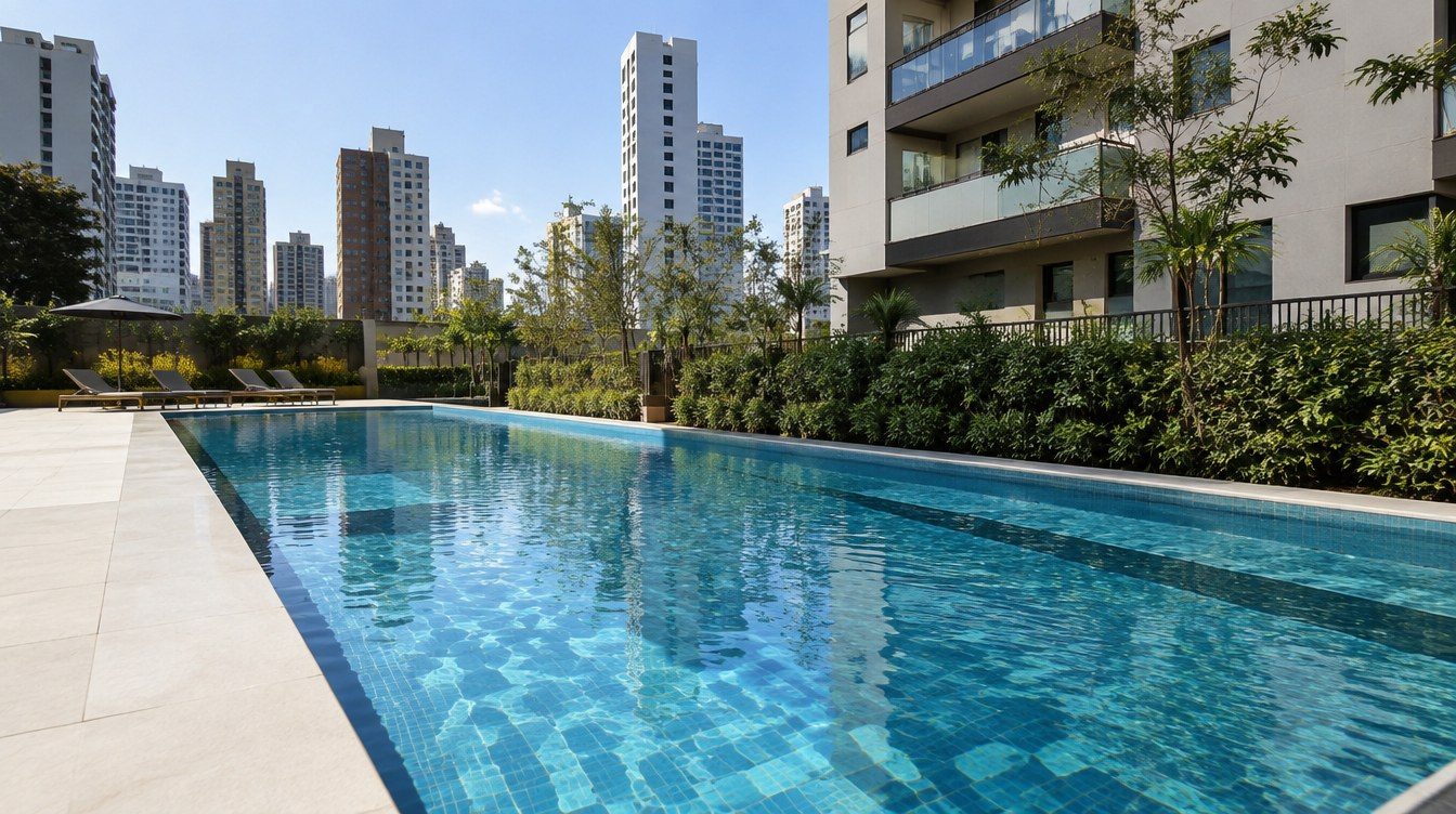 Piscina de raia longa em condomínio residencial, entre jardins e torres — projeto Dall'Ovo Magalhães