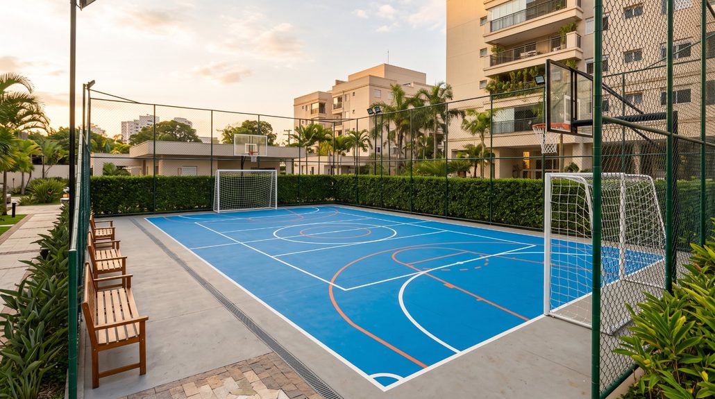 Quadra poliesportiva descoberta com piso azul, cercada por jardim e torres do condomínio