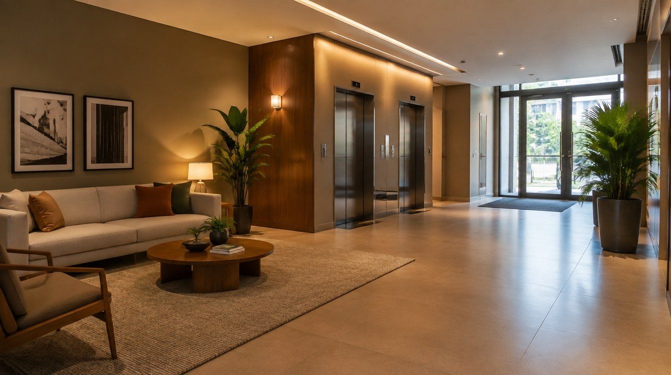 Hall de entrada de condomínio com painel de madeira nos elevadores, estar com sofá e porta de vidro para o jardim — projeto Dall'Ovo Magalhães